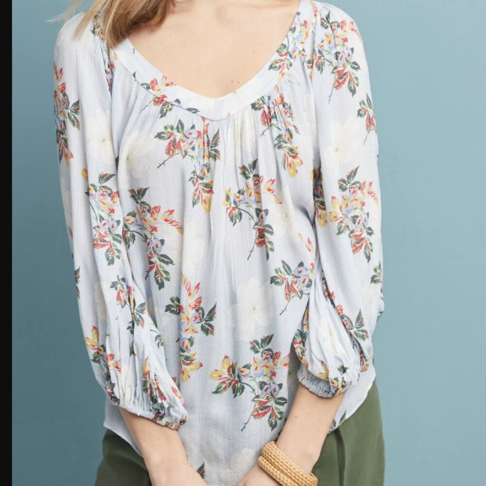 Maeve by Anthropologie Sz 12 Boswell Blouse Blue Floral Long Balloon Sleeve